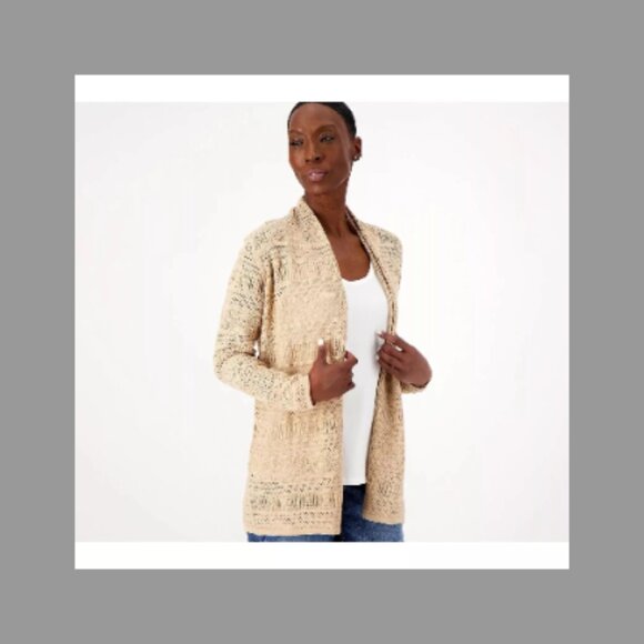 Joan Rivers Women's Crochet Stripe Knit Cardigan Small S Khaki Tan A591224 - Picture 1 of 7